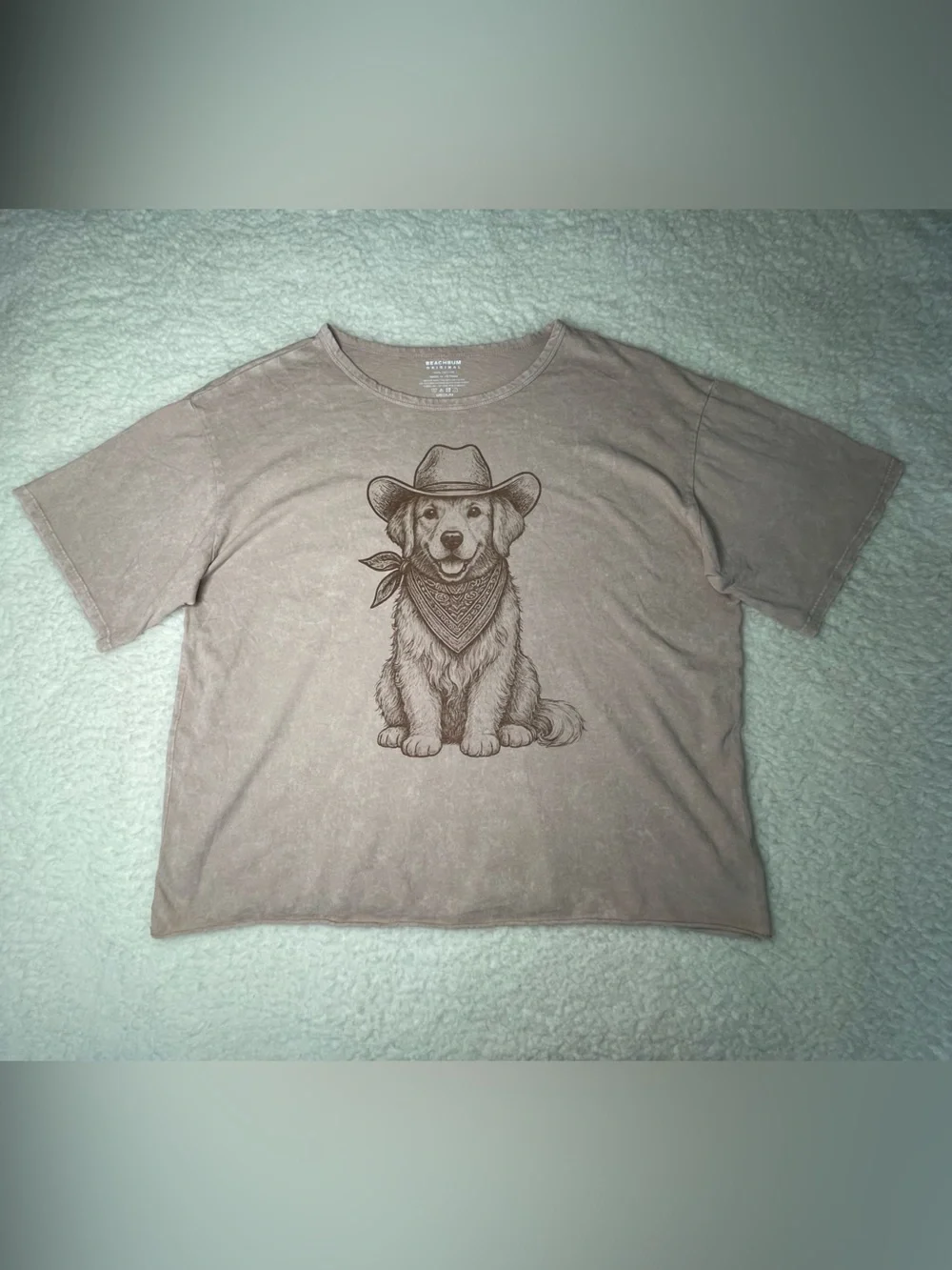 New Beach Bum Original Womens M T-Shirt Puppy Cowboy Hat Cropped Tee Distressed